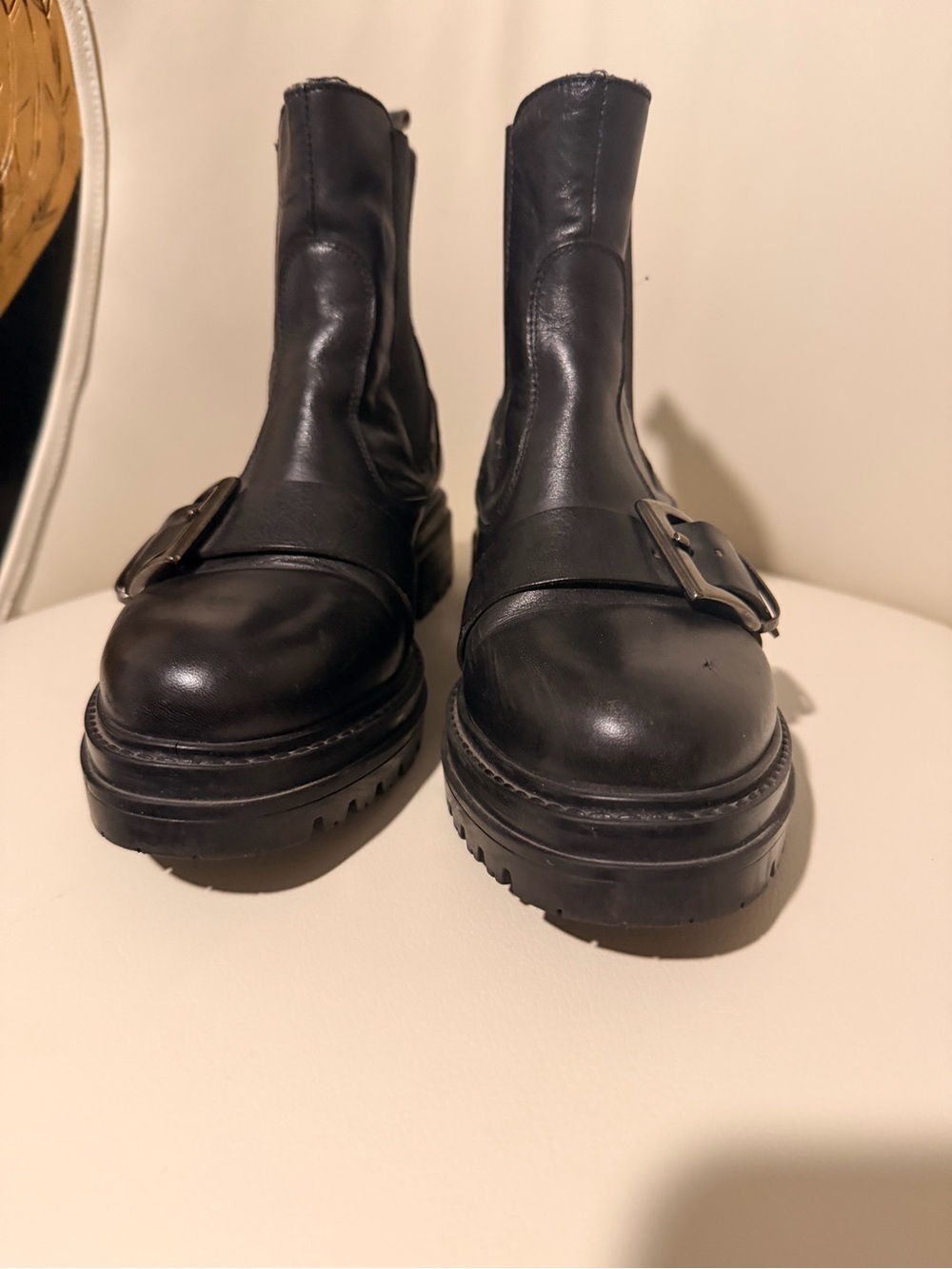 Black Chunky Leather Buckle Boots